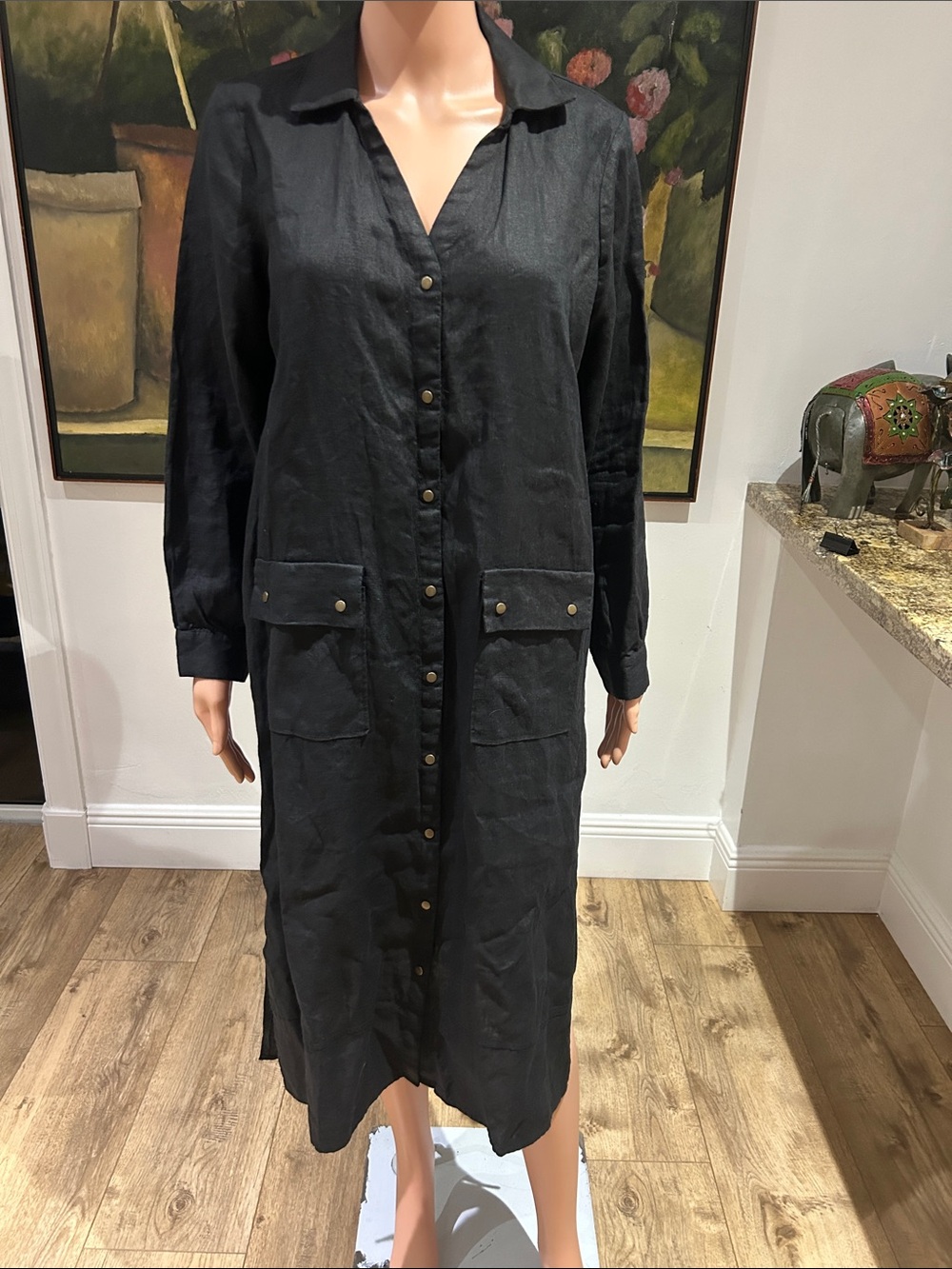 Saks Fifth Avenue black linen utility shirt dress with front snap closure